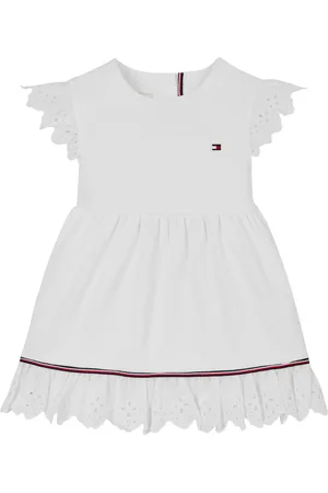 Tommy Hilfiger Zomerjurk BRODERIE ANGLAISE DRESS SS met logo-contrastband, met logo-borduursel