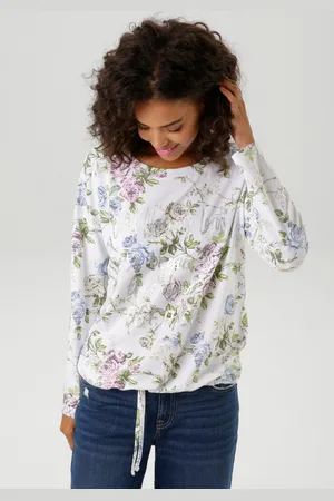Aniston Shirt met lange mouwen met zilverkleurige tekst versierde rozenprint - nieuwe collectie