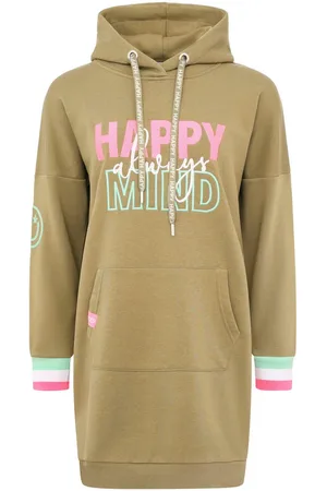 Zwillingsherz Sweatjurk "Always Happy Mind" met capuchon en vrolijke boodschap, neon armboorden
