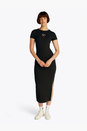 Tommy Hilfiger Jerseyjurk TJW BODYCON LOGO 2 DRESS met logo-borduursel, met korte mouwen, in midi-lengte