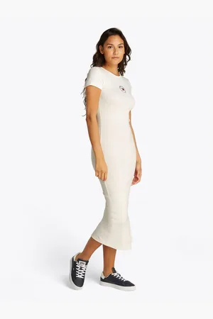 Tommy Hilfiger Jerseyjurk TJW BODYCON LOGO 2 DRESS met logo-borduursel, met korte mouwen, in midi-lengte