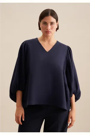 Seidensticker Shirtblouse Zwarte roos 3/4-mouwen v-hals uni