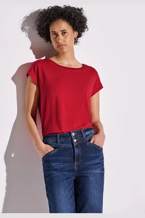 Street one T-shirt met decoratietape en elastische zoom