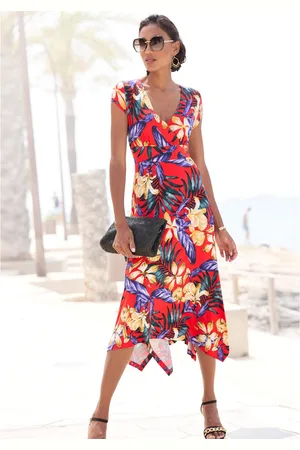 Lascana Zomerjurk met puntige zoom en strik in de taille, jersey jurk, strandjurk