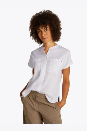 Tommy Hilfiger Blouse met korte mouwen ESS LINEN COLLARLESS S/S BLOUSE met logo-borduursel, verkoelend premium linnen