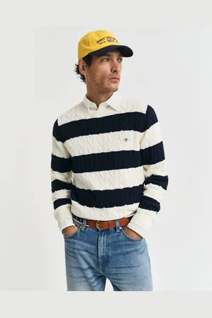 GANT Trui met ronde hals STRIPED COTTON CABLE C-NECK valt op door een doorlopend streepdesign in vlechtbreistructuur