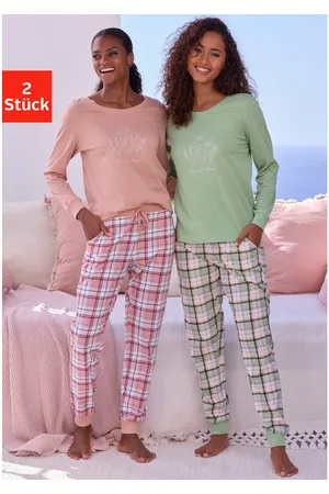 VIVANCE DREAMS Pyjama Lange mouwen shirt met schattige voorprint en geruite broek (Set van 2)