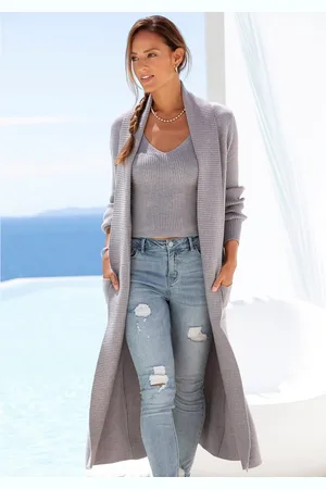 Lascana Lang vest met ribbrei-details en zakken, casual gebreide mantel
