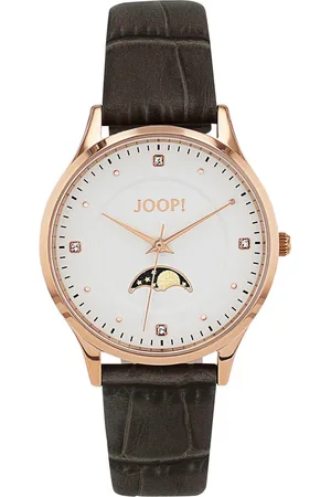 JOOP! Kwartshorloge Polshorloge, dameshorloge, leren band, analoog, zirkonia (synth.), maanfase