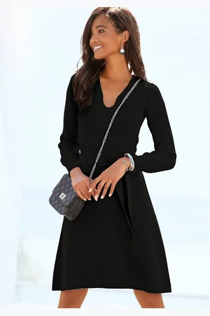 Lascana Gebreide jurk en v-hals, herfst-winterjurk, casual-elegant (Met een bindceintuur)
