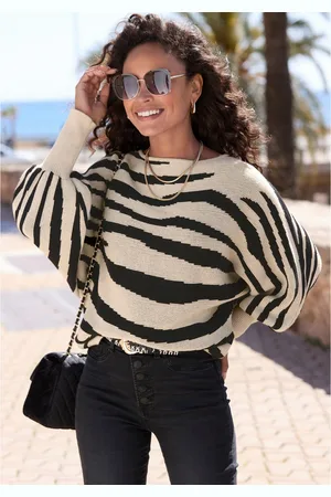 Lascana Gebreide trui met zebrapatroon, jacquard trui, vleermuismouwen, modieus