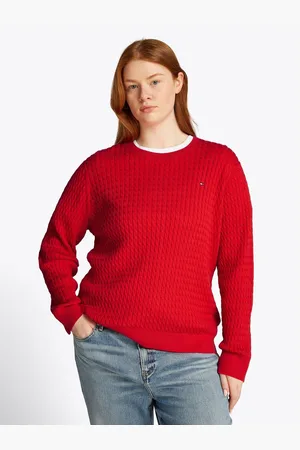 Tommy Hilfiger Trui met ronde hals CRV CO CABLE C-NK LS SWEATER in grote maten, kabelpatroon, logoborduursel