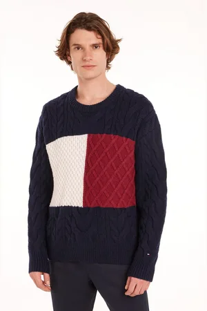 Tommy Hilfiger Trui met ronde hals CABLE FLAG SWEATER met colorblocking-ontwerp aan de voorkant