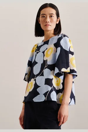 Seidensticker Shirtblouse Zwarte roos Korte mouwen ronde hals print