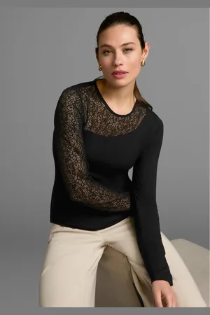 melrose Shirt met ronde hals lange mouwen, zeer figuurvolgend, met kantinzetten, heuplang