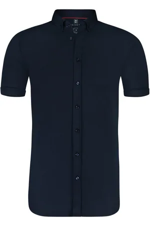 DESOTO Overhemd korte mouw navy effen katoen slim fit