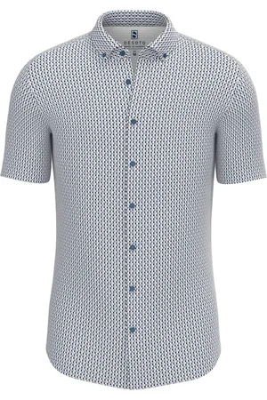 DESOTO Overhemd korte mouw blauw geprint katoen slim fit