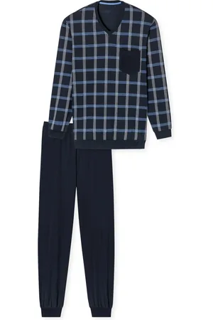 Schiesser Donkerblauwe pyjama geruit katoen