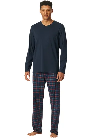 Schiesser Pyjama navy rood geruit katoen