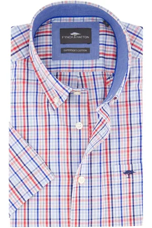 Fynch-Hatton Overhemd korte mouw katoen blauw geruit met button-down boord