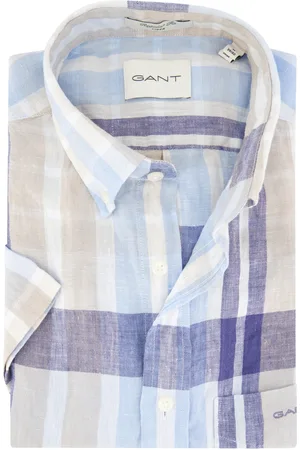 GANT Overhemd korte mouw blauw geruit linnen