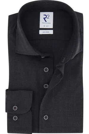 R2 Westbrook Overhemd donkergrijs wol wide collar