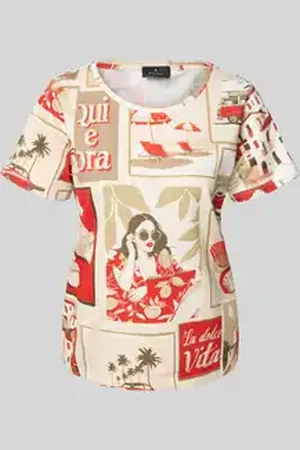 monari T-shirt met geribde ronde hals