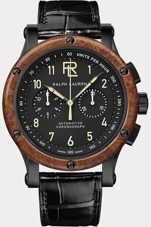 Ralph Lauren 42 mm zwart stalen horloge houten rand