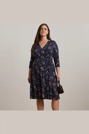 Ralph Lauren Plus Size - Gebloemde jersey jurk met overslag