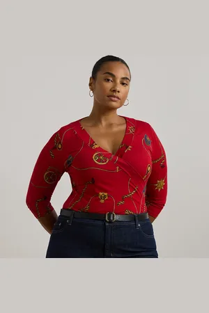 Ralph Lauren Plus Size - Jersey top met overslag en riemprint