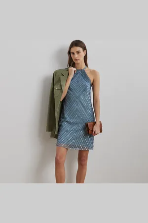 Ralph Lauren Mesh haltercocktailjurk met kralen