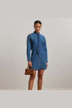 Ralph Lauren Denim overhemdjurk met strik bij de hals