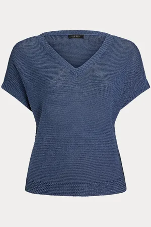 Ralph Lauren Plus Size - Linnenmix trui met V-hals en korte mouw