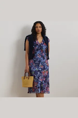 Ralph Lauren Plus Size - Georgette midi-jurk met ruches en print