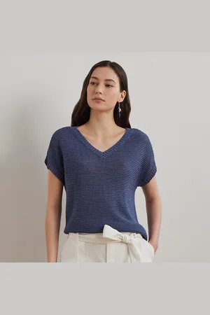 Ralph Lauren Linnenmix trui met V-hals en korte mouw