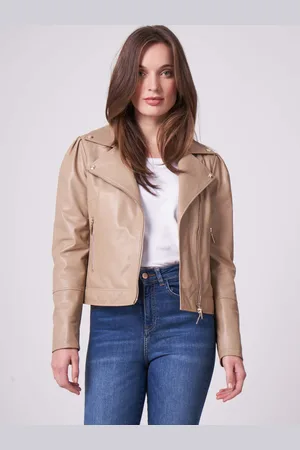 REPEAT cashmere Leren bikerjas met pofmouwen