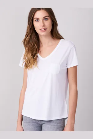 REPEAT cashmere Basic dames T-shirt met V-hals en borstzak