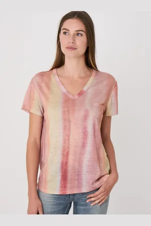 REPEAT cashmere Puur linnen V-hals T-shirt met tie dye print
