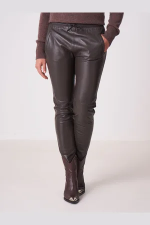REPEAT cashmere Zachte leren broek met elastische tailleband