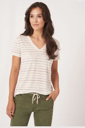 REPEAT cashmere Linnen T-shirt met glinsterende strepen