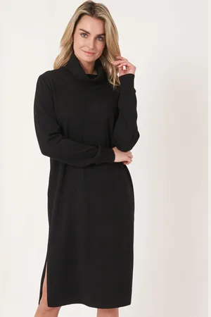 REPEAT cashmere Gebreide jurk met geknoopte hoge hals en zijsplit