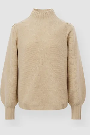 REPEAT cashmere Grof gebreide cashmere kabeltrui met pofmouwen
