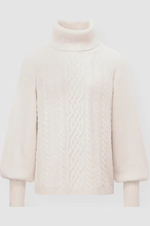 REPEAT cashmere Grof gebreide kabel-trui met rolkraag en pofmouwen