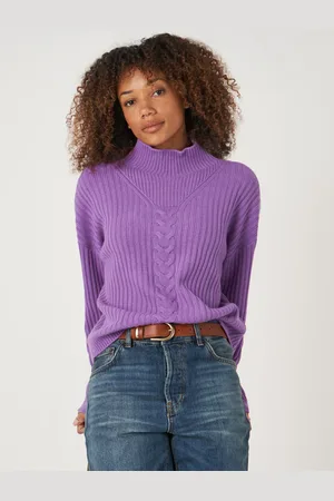 REPEAT cashmere Geribde trui met hoge kraag en kabel detail