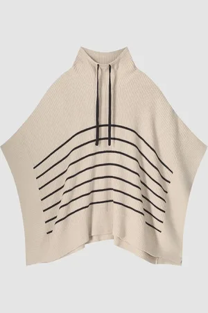 REPEAT cashmere Gestreepte katoenen poncho met tunnelkoord