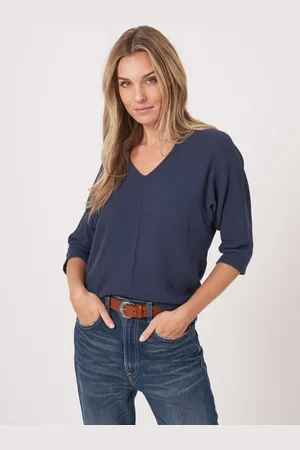 REPEAT cashmere Katoenen gebreide V-hals trui met structuur