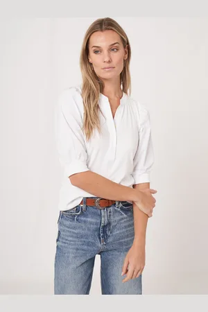 REPEAT cashmere Henley top met korte pofmouwen