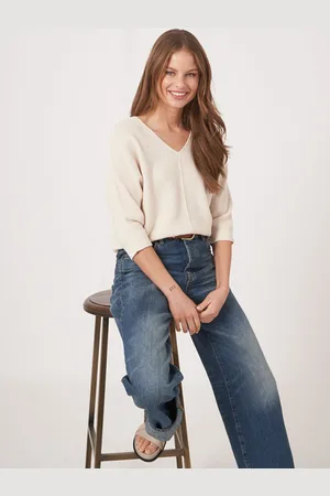 REPEAT cashmere Katoenen gebreide V-hals trui met structuur
