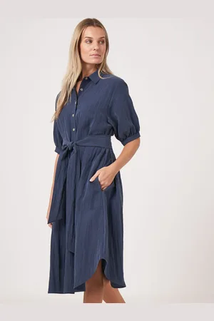 REPEAT cashmere Overhemdjurk met korte pofmouwen en ceintuur