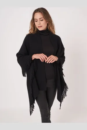 REPEAT cashmere Grof gebreide cape met rib en franjes